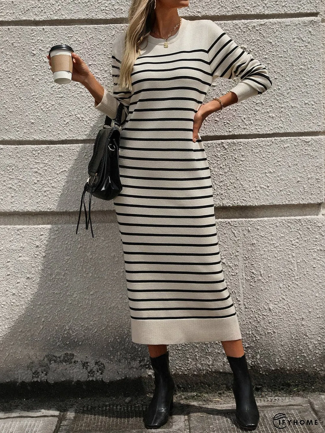 Striped Round Neck Long Sleeve Dress | IFYHOME