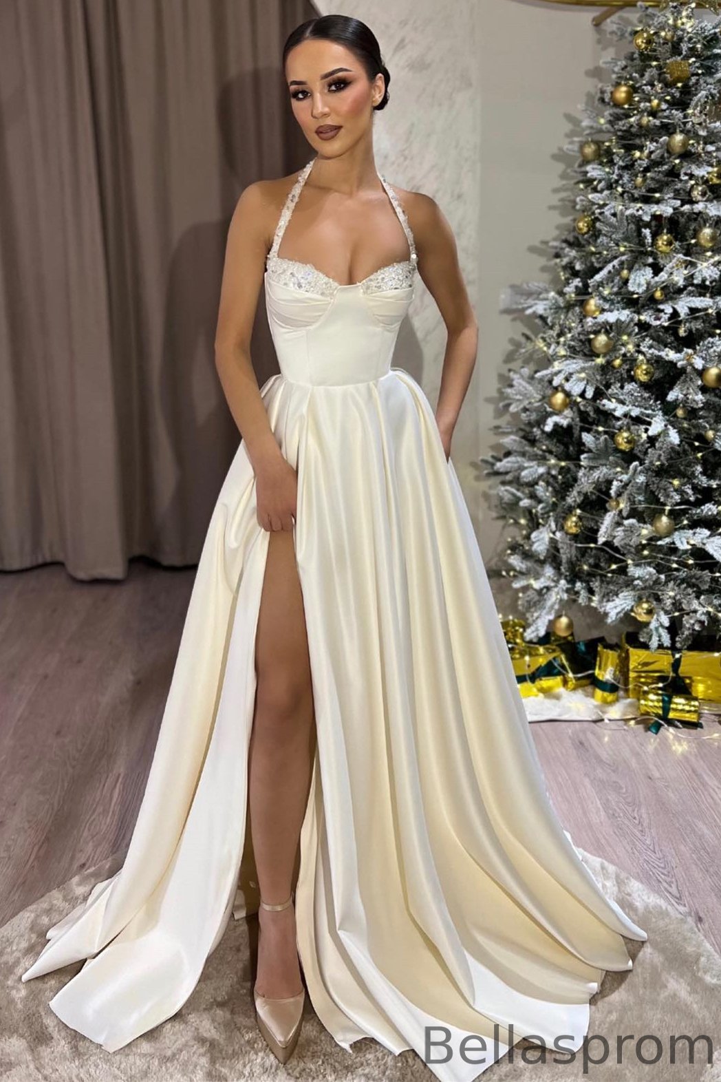 Bellasprom Halter Ivory A-Line Evening Dress Sleeveless Long Split with Beadings Bellasprom