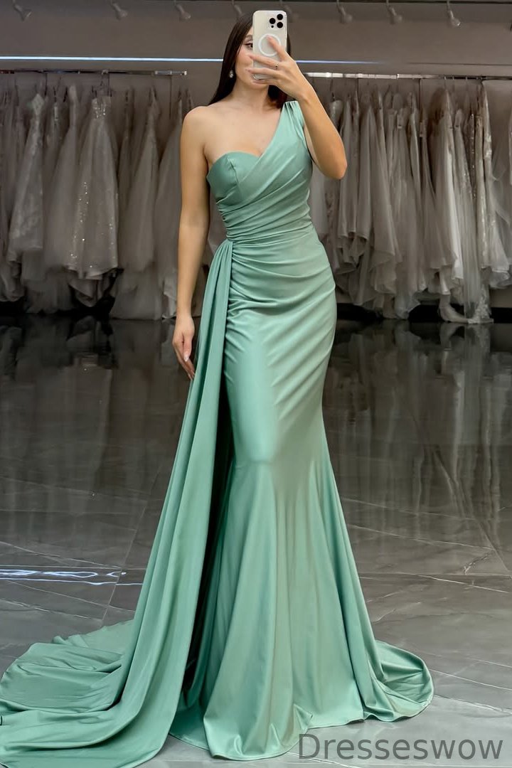 Dresseswow Sage Green One Shoulder Sleeveless Mermaid Prom Gown With Ruffles Online