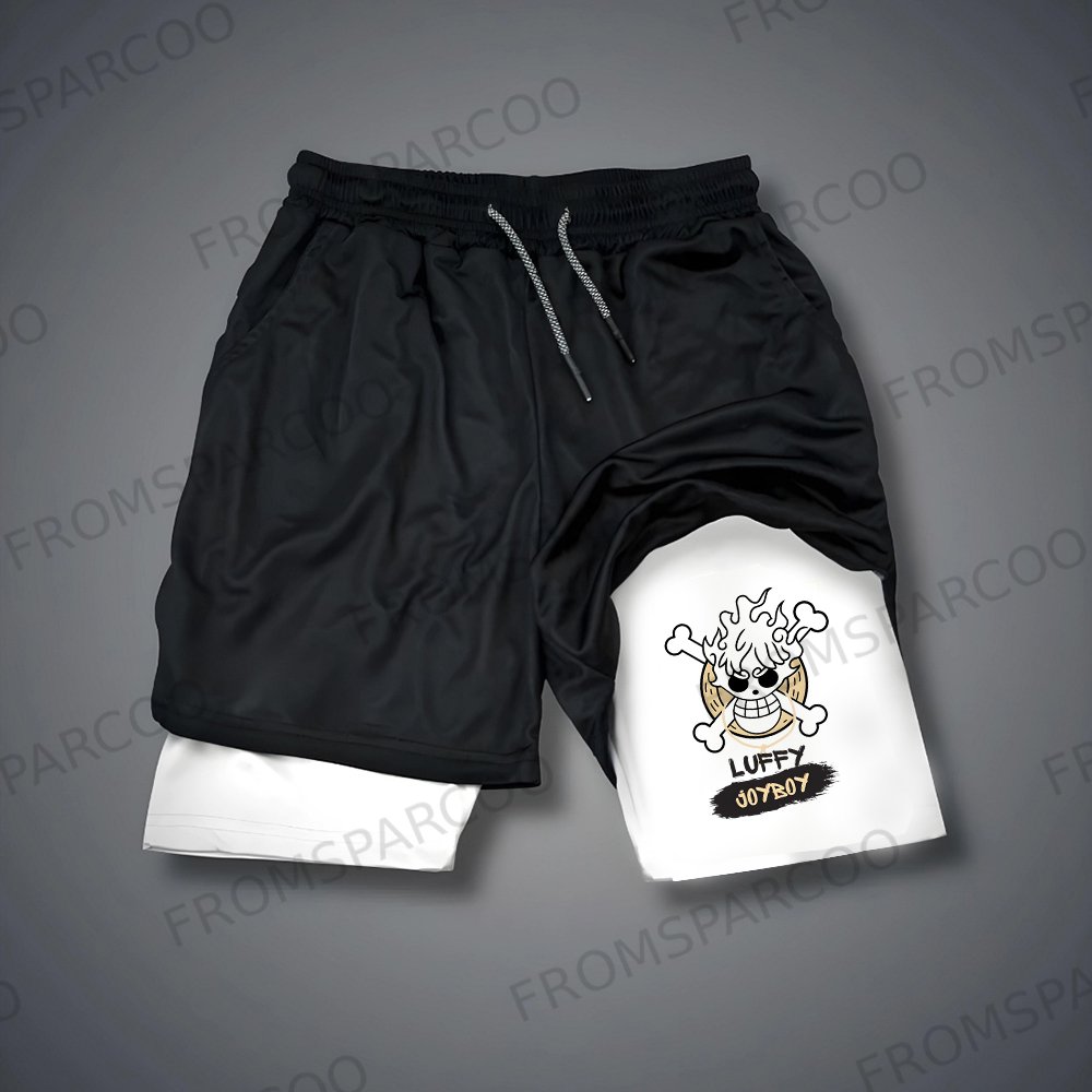 Men's One Piece Anime Print Double Layer Gym Shorts