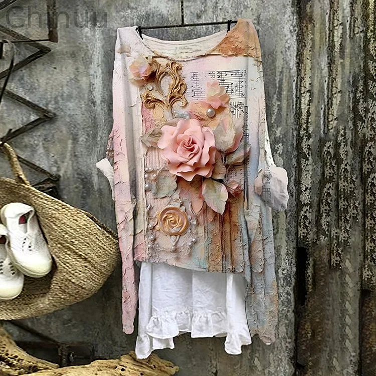 Women's Vitange Note And Floral Art Round Neck Shirt