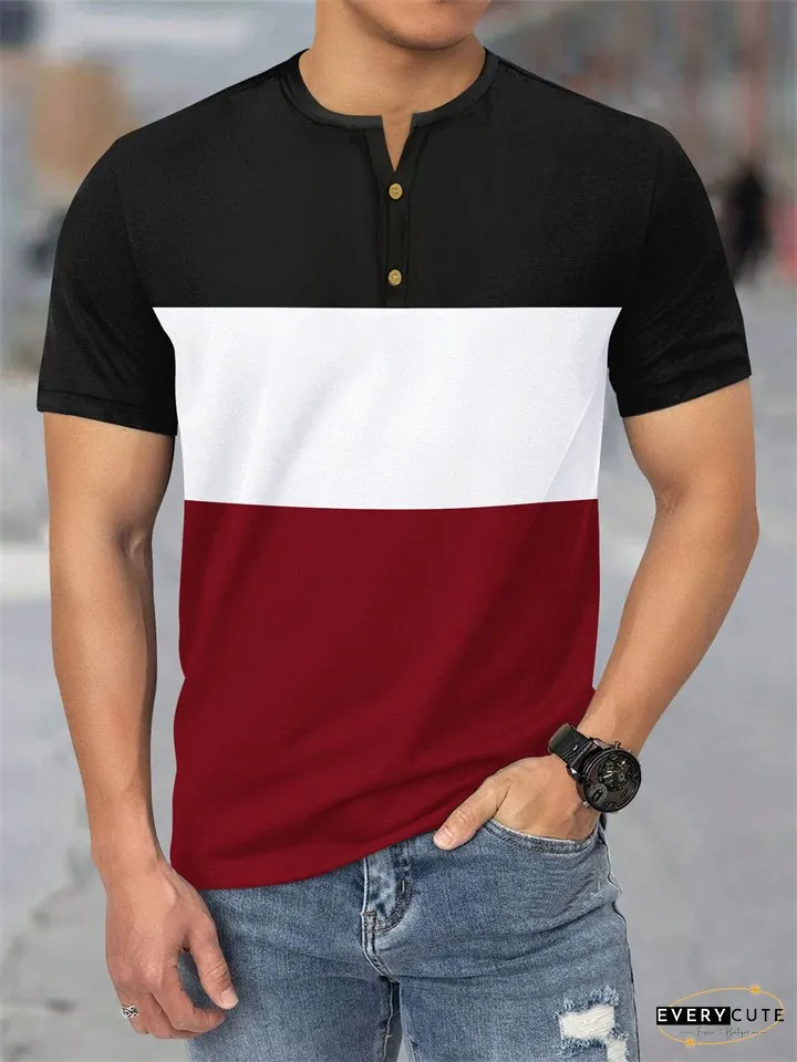 Summer New Large Size Mens Short-sleeved Casual Sports Three-color Splicing T-shirt Henley