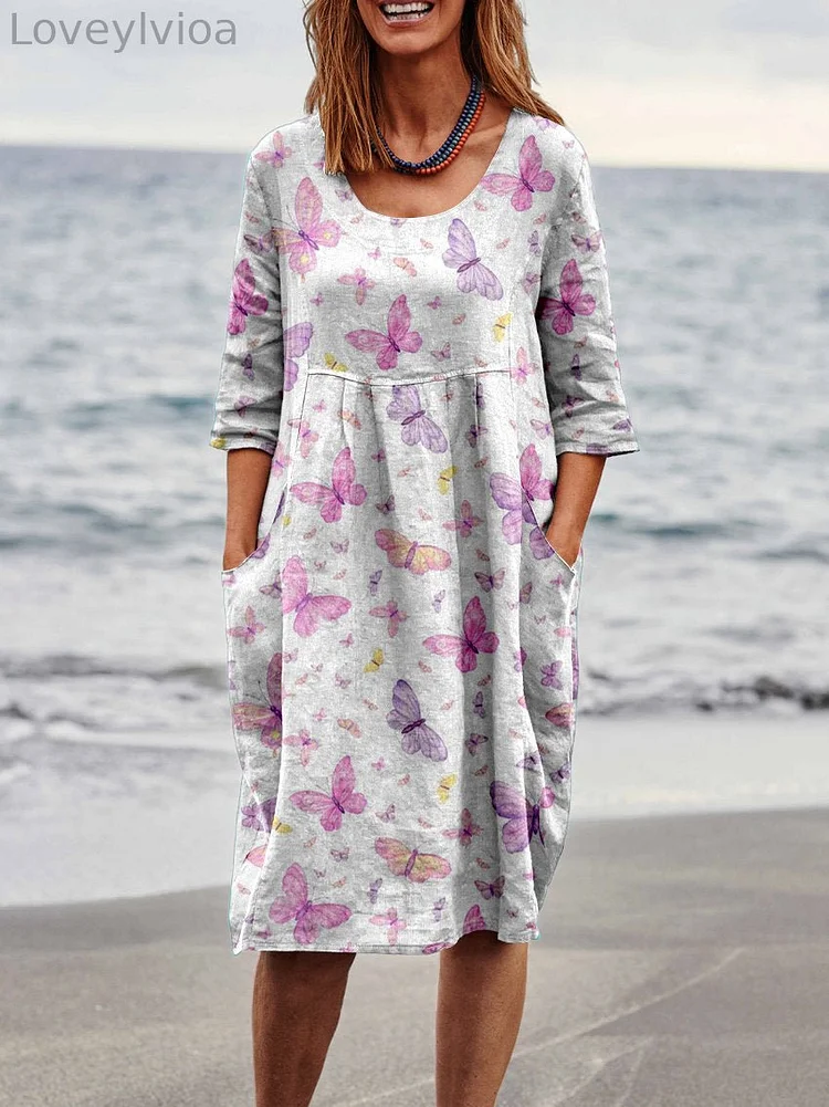 Women’s Butterfly Pattern Linen Pocket Tunic Dress