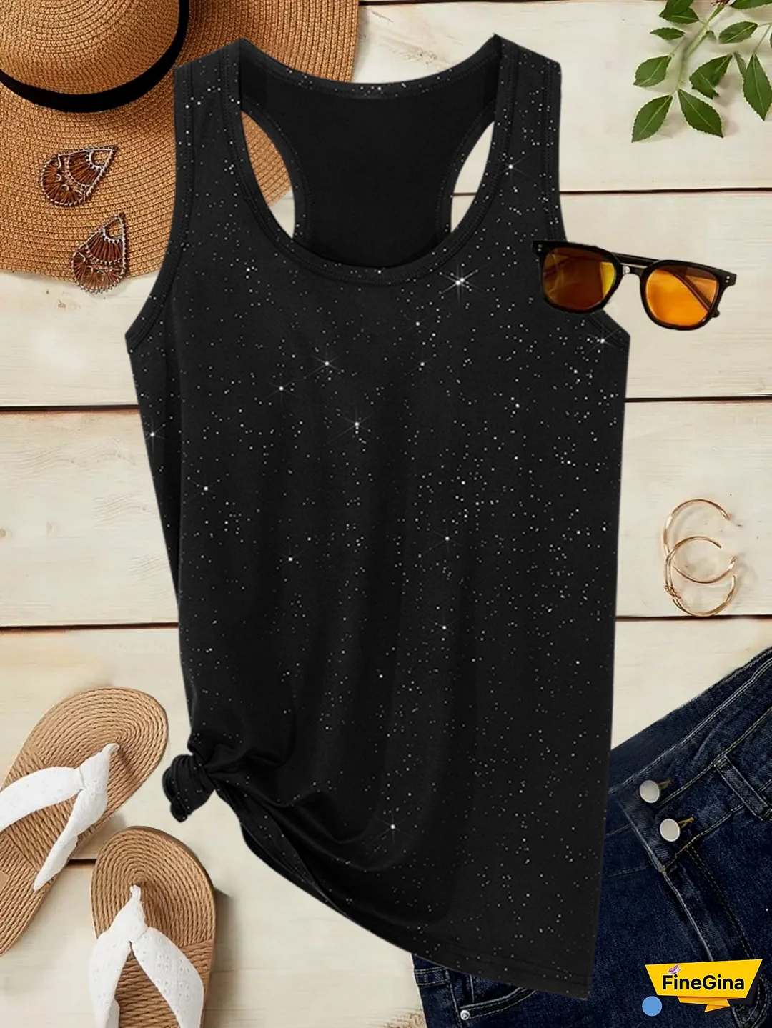 Women's Sporty Summer Sleeveless Tank Top - Vibrant Blue Sparkling Starry Night Design, Breathable Round Neck, Machine Washable Casual & Athletic Wear, Beach Clothing, Nontransparent Fabric