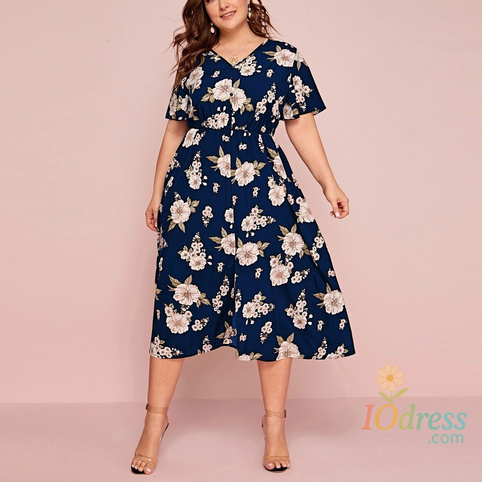 IO Dress Women Dress Short Sleeve High Waist Plus Size Dress Casual Fashion Floral Pleated A Line Large Size Long Dress