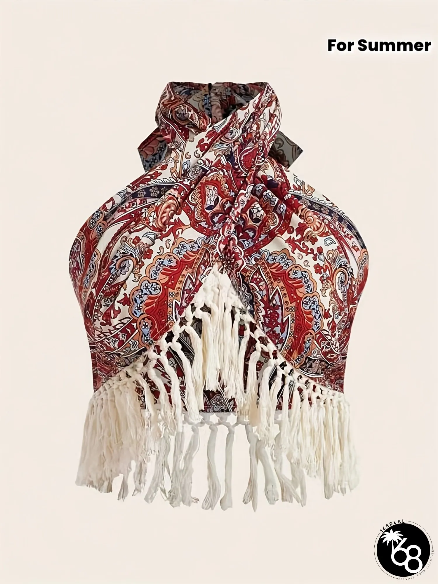 Womens Paisley Print Halter Neck Top with Tassel Fringe Details Red White Geometric | 168DEAL