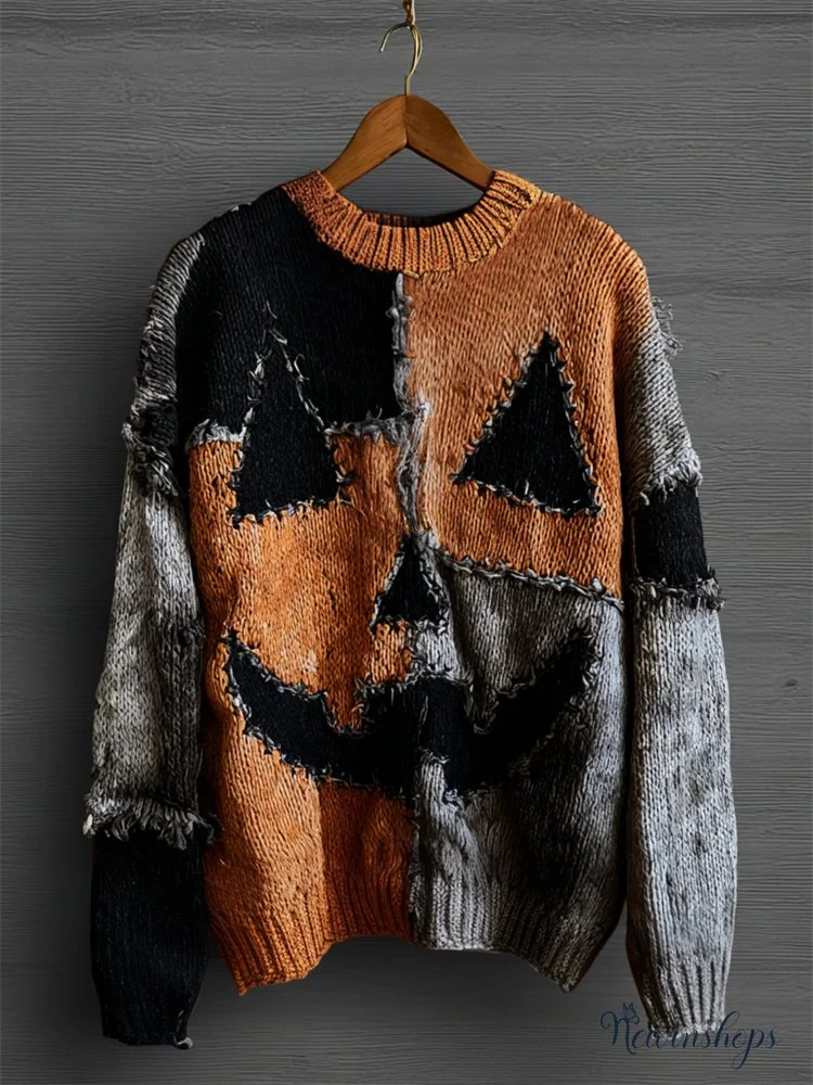 Halloween Pumpkin Face Colorblock Stitched Cozy Knit Sweater