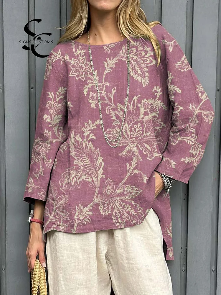 Women's Vintage Floral Art Print Casual Cotton Linen Shirt