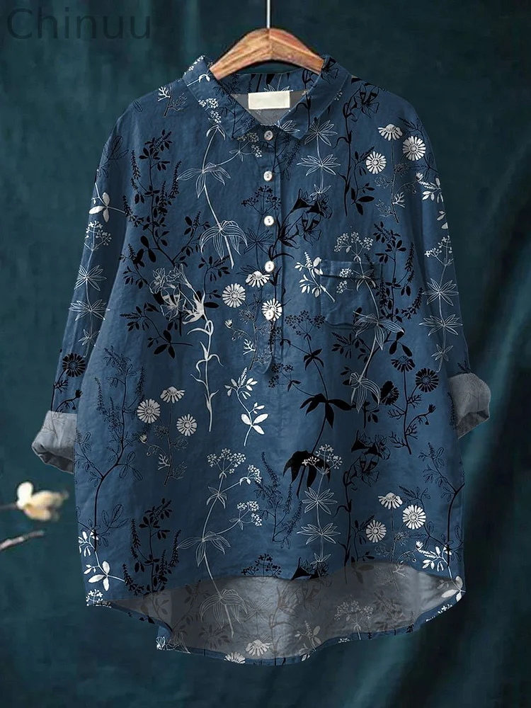 Women's Vintage Flower Print Casual Cotton And Linen Shirt