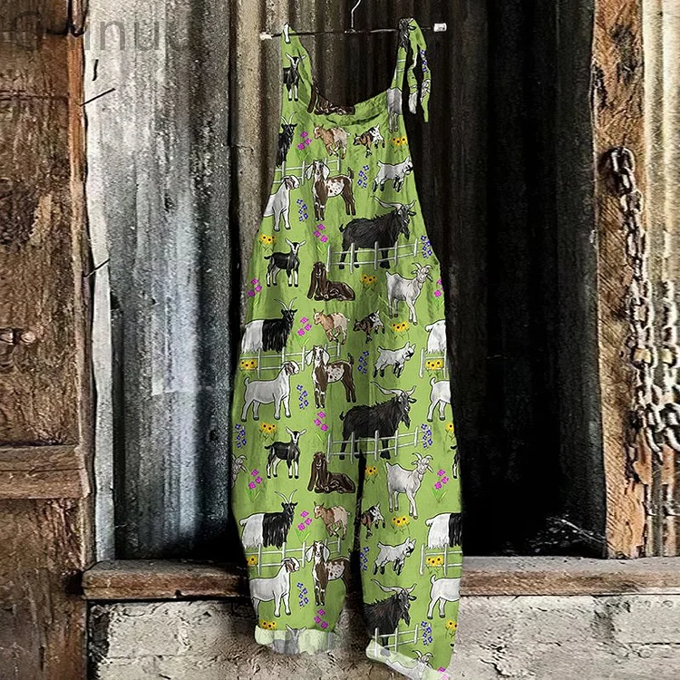 Retro Funny Farm Sheep Art Print Linen Loose Casual Jumpsuit
