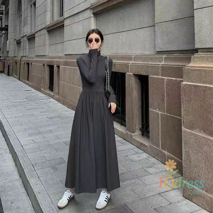 IO Dress New French Style Temperament Women's High-Grade Black Dress Hepburn Style Gray Turtleneck Dress for Women Autumn Winter DF4964