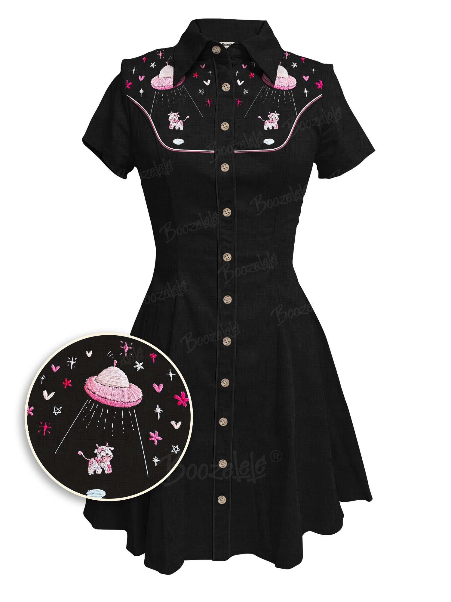 【Embroidery】UFO Captures Pink Cow  - 100% Cotton Dress