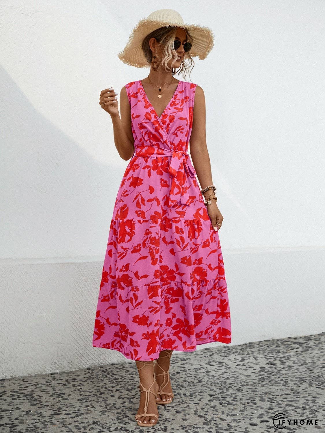 Tied Printed Surplice Tiered Dress | IFYHOME