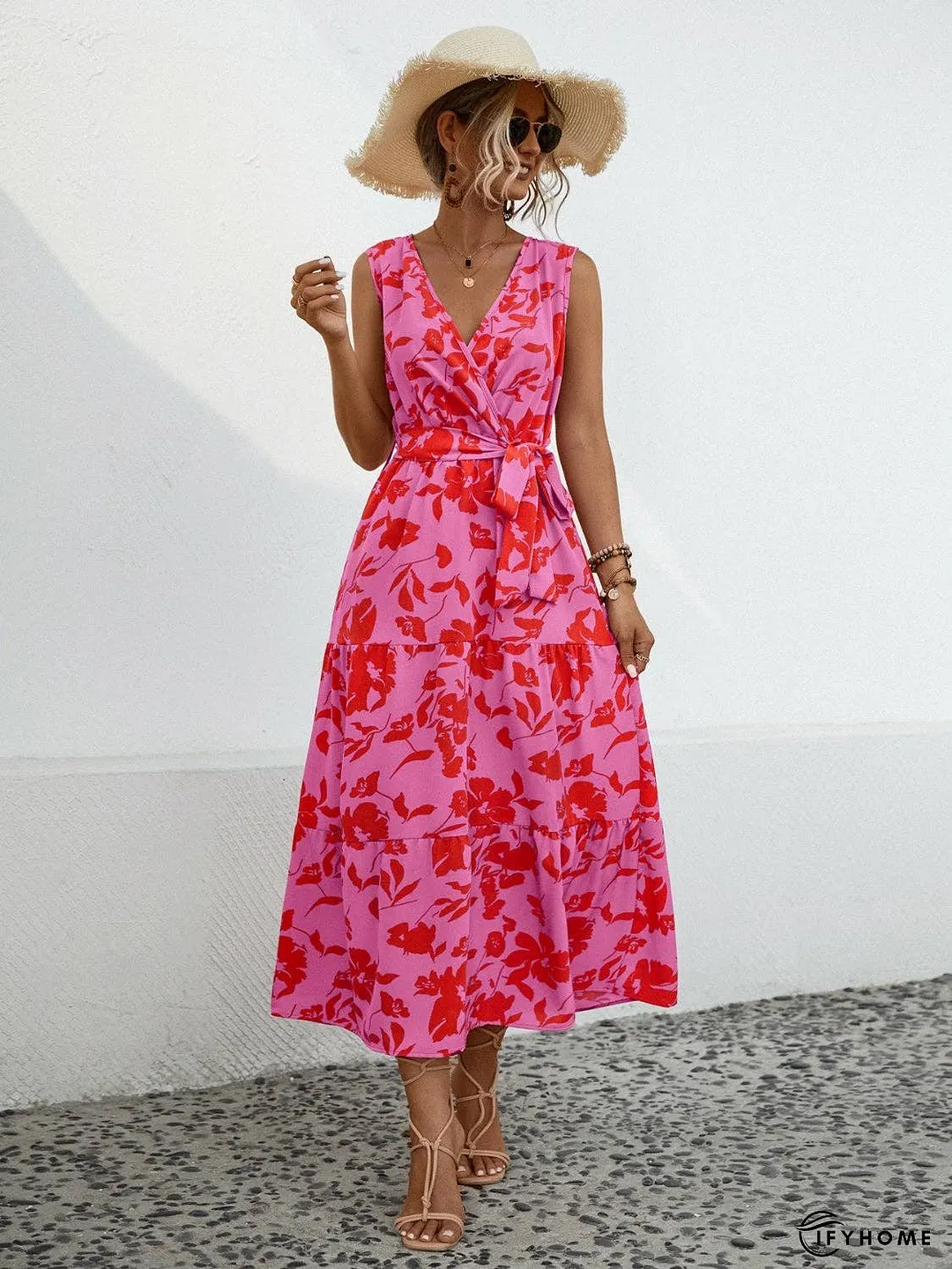 Tied Printed Surplice Tiered Dress | IFYHOME
