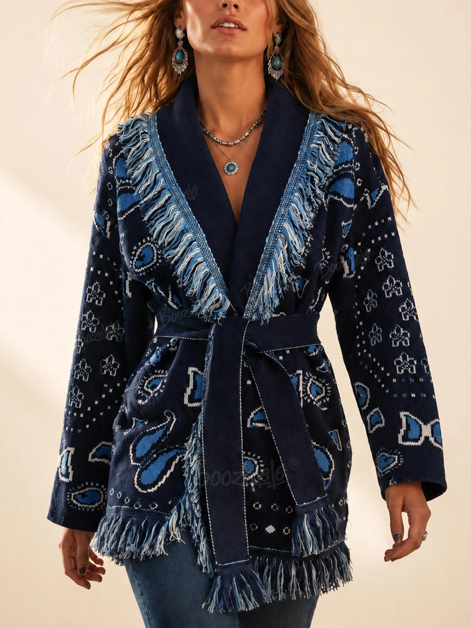 Ideal for Western Music Festivals & Road Trips &mdash; Navy Blue Women's Bandana Paisley Fringe Belted Soft-Knit Coatigan
