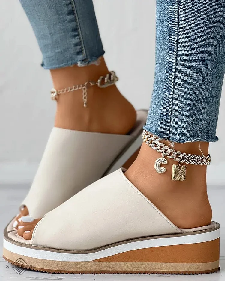 Contrast Paneled Peep Toe Wedge Slippers  Stunahome.com