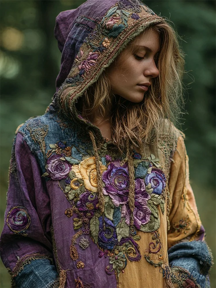 Boho Flowers Embroidered Colorblock Stitched Hoodie