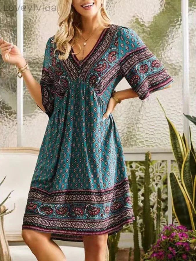 Bohemian Ethnic Style Loose V -neck Dress