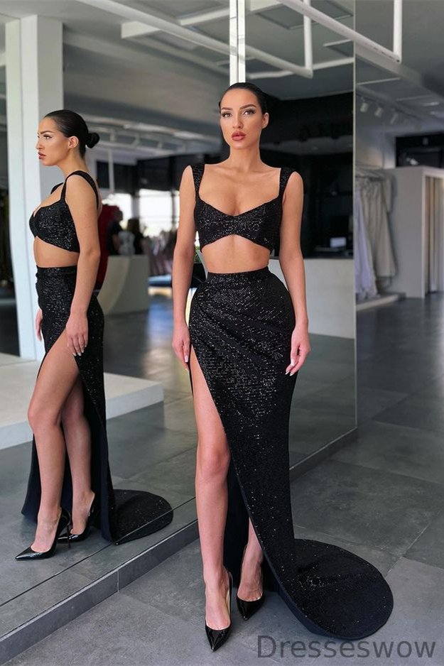 Dresseswow Black Sequins Two Pieces Prom Dress Mermaid With Slit