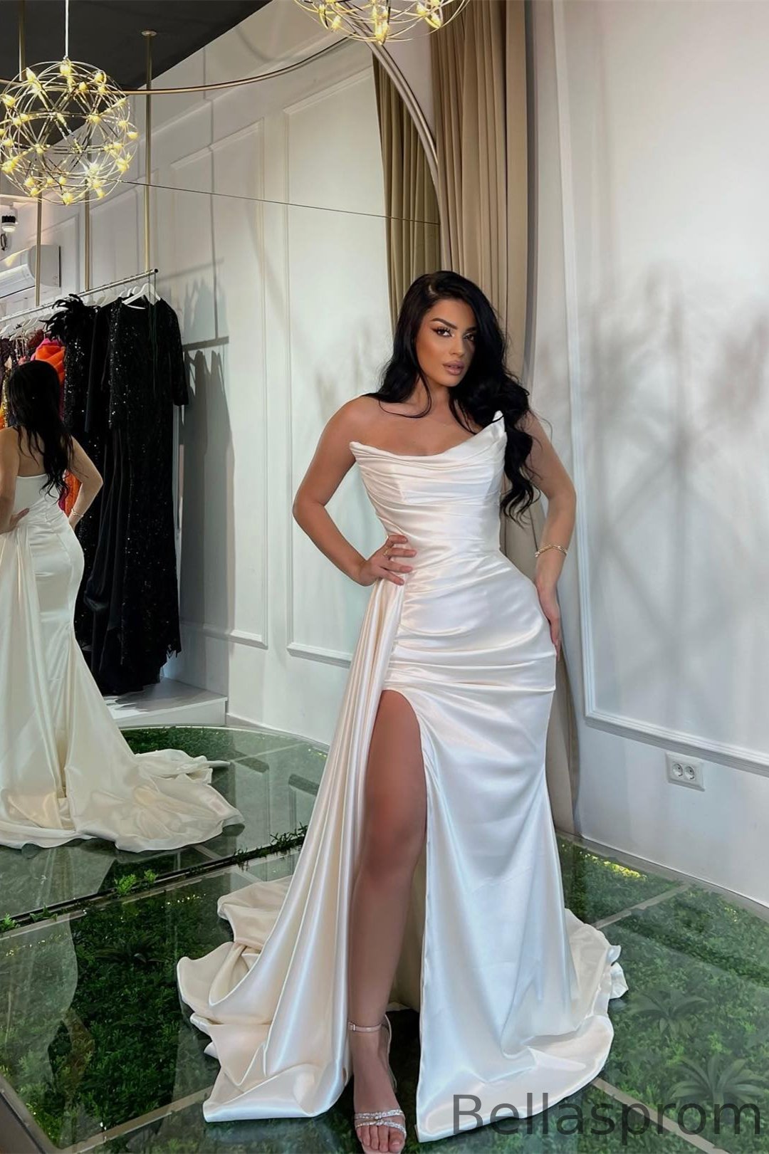 Bellasprom White Strapless Sleeveless Mermaid Prom Dress Pleats With Split Ruffles Bellasprom