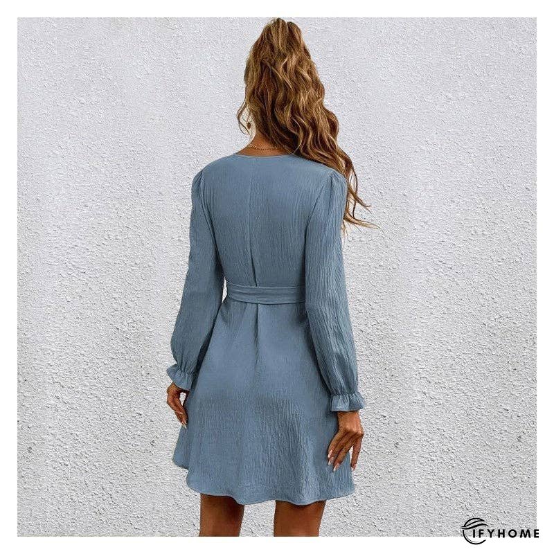 V-Neck Long Sleeves Solid Color Waist Tied Mini Dress | IFYHOME