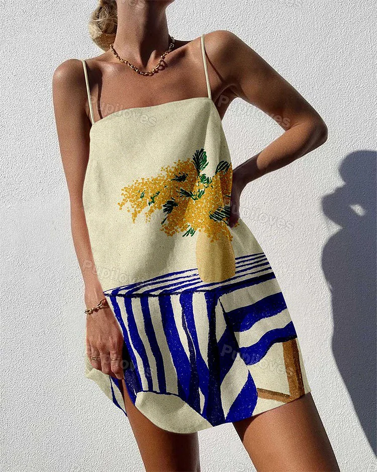 Pupiloves Pupiloves Stylish Table Vase Print Sling Mini Dress
