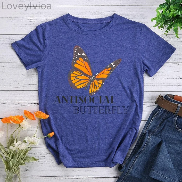 Antisocal butterfly Round Neck T-shirt-0023486