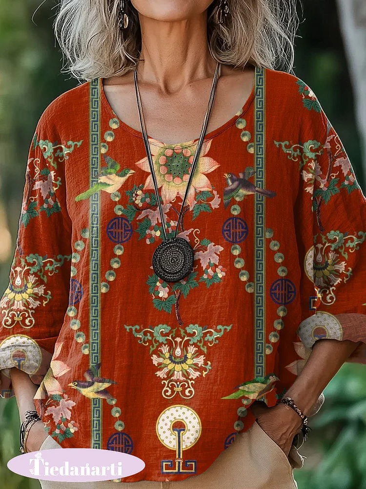 Women's Floral Art  Print Casual Cotton And Linen Shirt