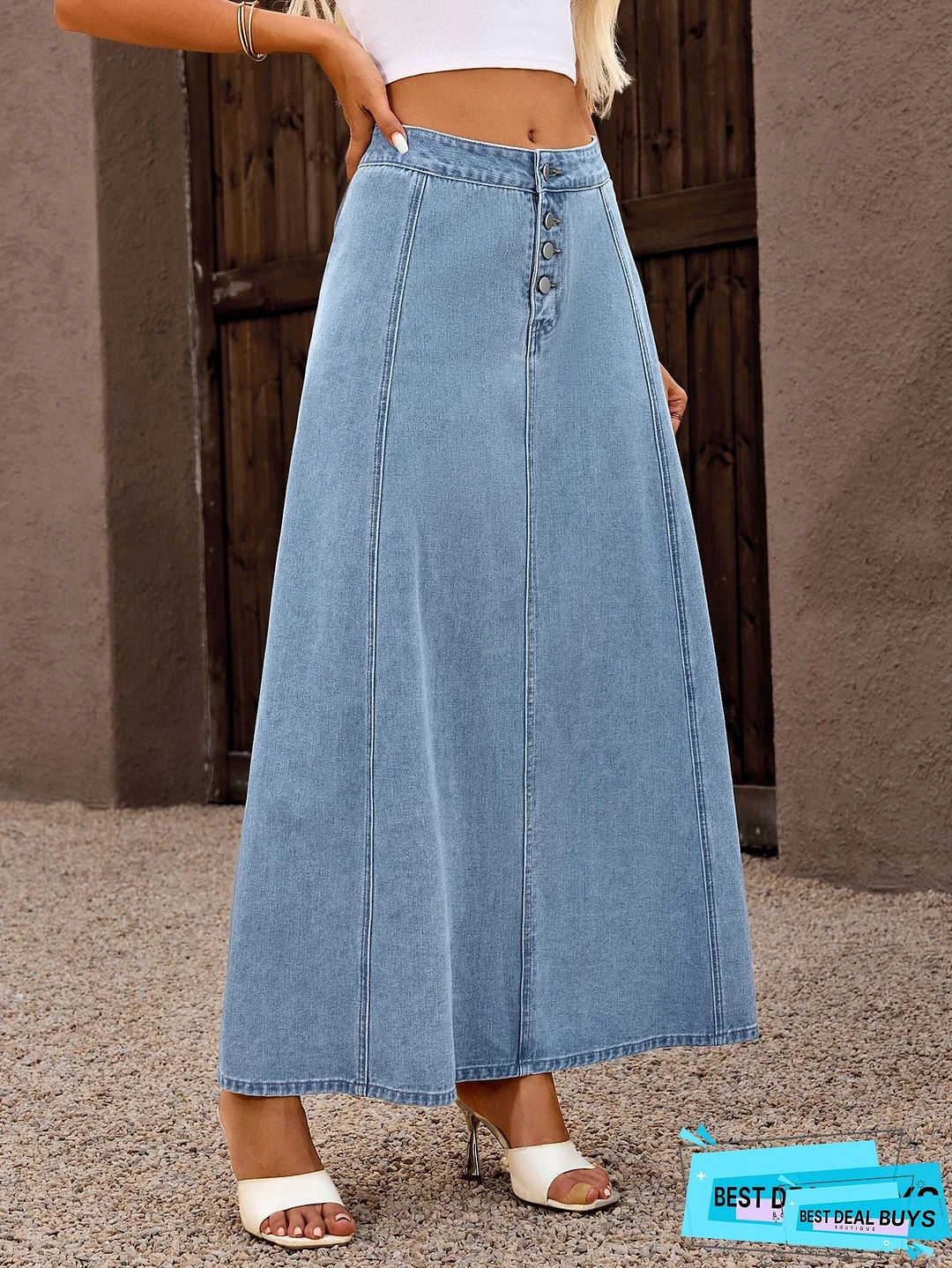 Women's High-Waisted Retro Blue Distressed Denim Skirt - Midi Length with Button Closure, Structured A-Line Silhouette & Wash Vintage Style for Spring/Summer/Fall Casual to Formal Outfits (Machine Washable) - 2025 Collection, Solid Color