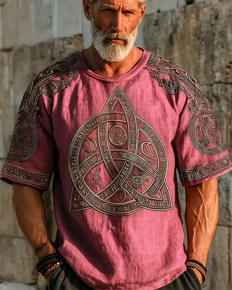 Men's Summer Style Star and Moon Print Embroidered Casual Fashion Linen Short-Sleeve Top 8021