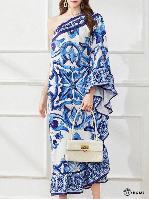 Flared Sleeves Contrast Color Floral Printed One-Shoulder Midi Dresses | IFYHOME