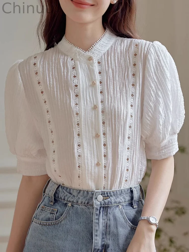 Stand Collar Chiffon Embroidered Hollow Shirt