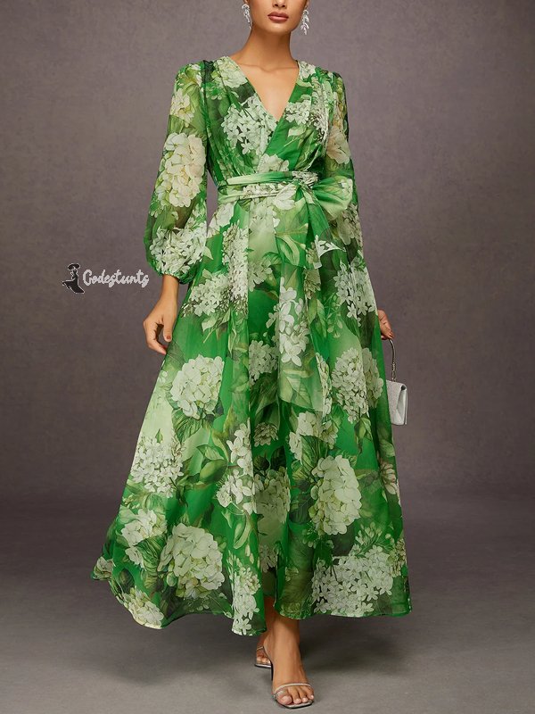 Elegant Floral Printing V-Neck Maxi Dress