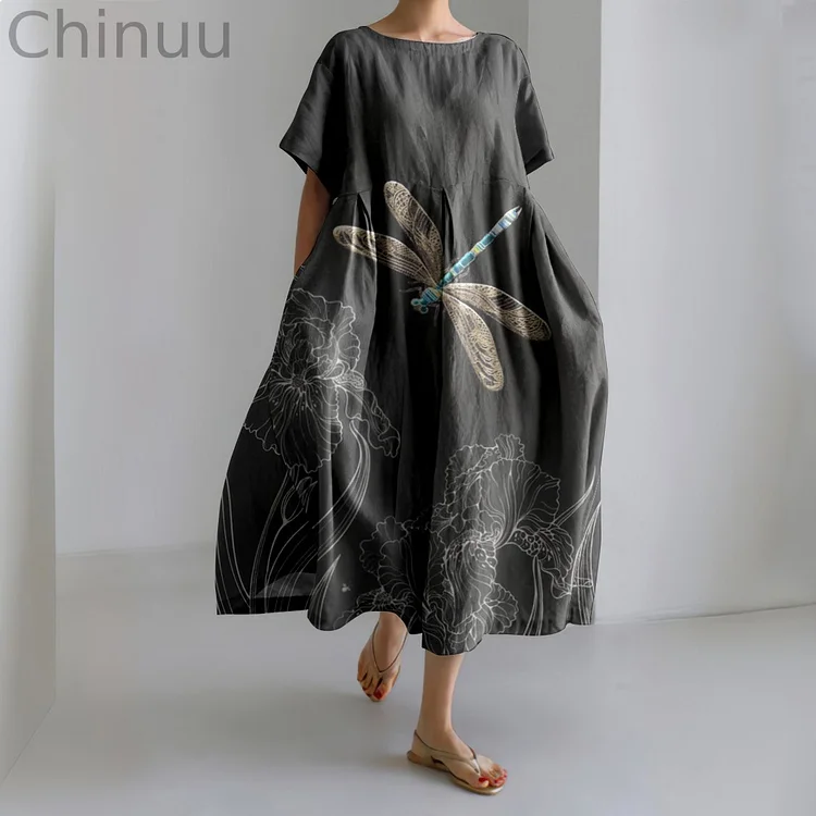 Japanese Art Flowers & Dragonfly Linen Blend Casual Dress