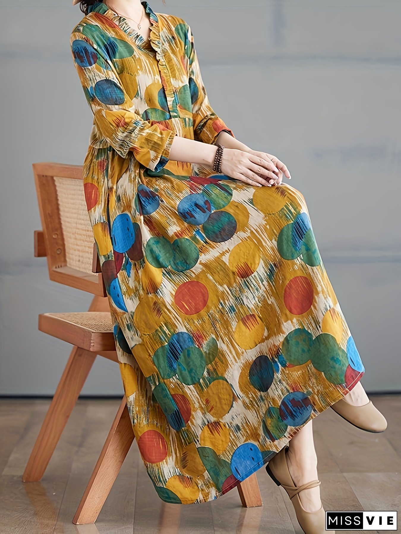 Women's V-Neck Viscose Dress, Elegant Printed Fit And Flare With Pockets, Comfortable Loose Long Sleeve For Spring/Summer/Fall - 90g/M&sup2; Woven Fabric