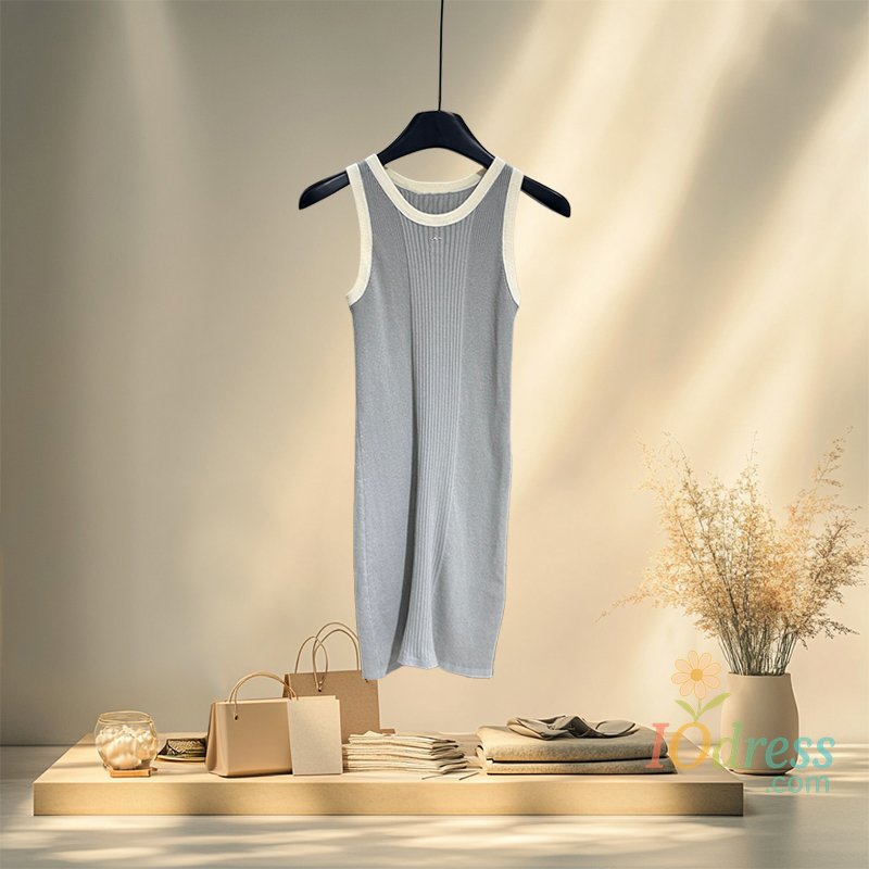 IO Dress 25 Summer New Small Fragrant Style Vertical Striped Knitted Tank Top Skirt, Slim and Stretch Dress for Women