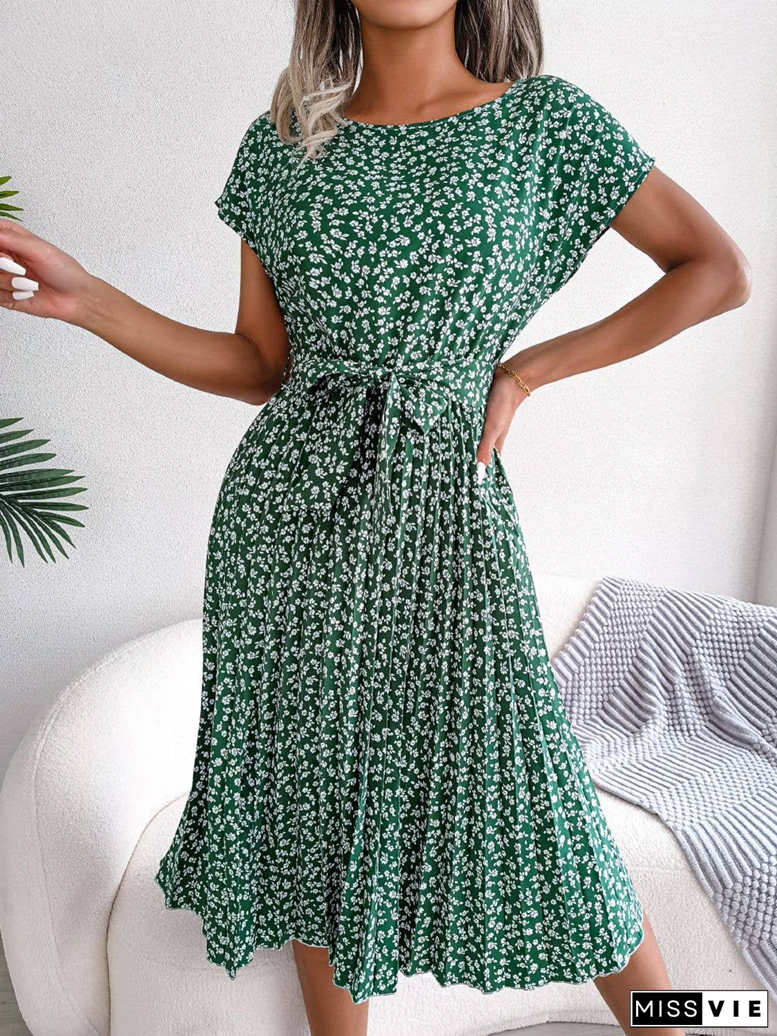 Ditsy Floral Pleated Belted Dress