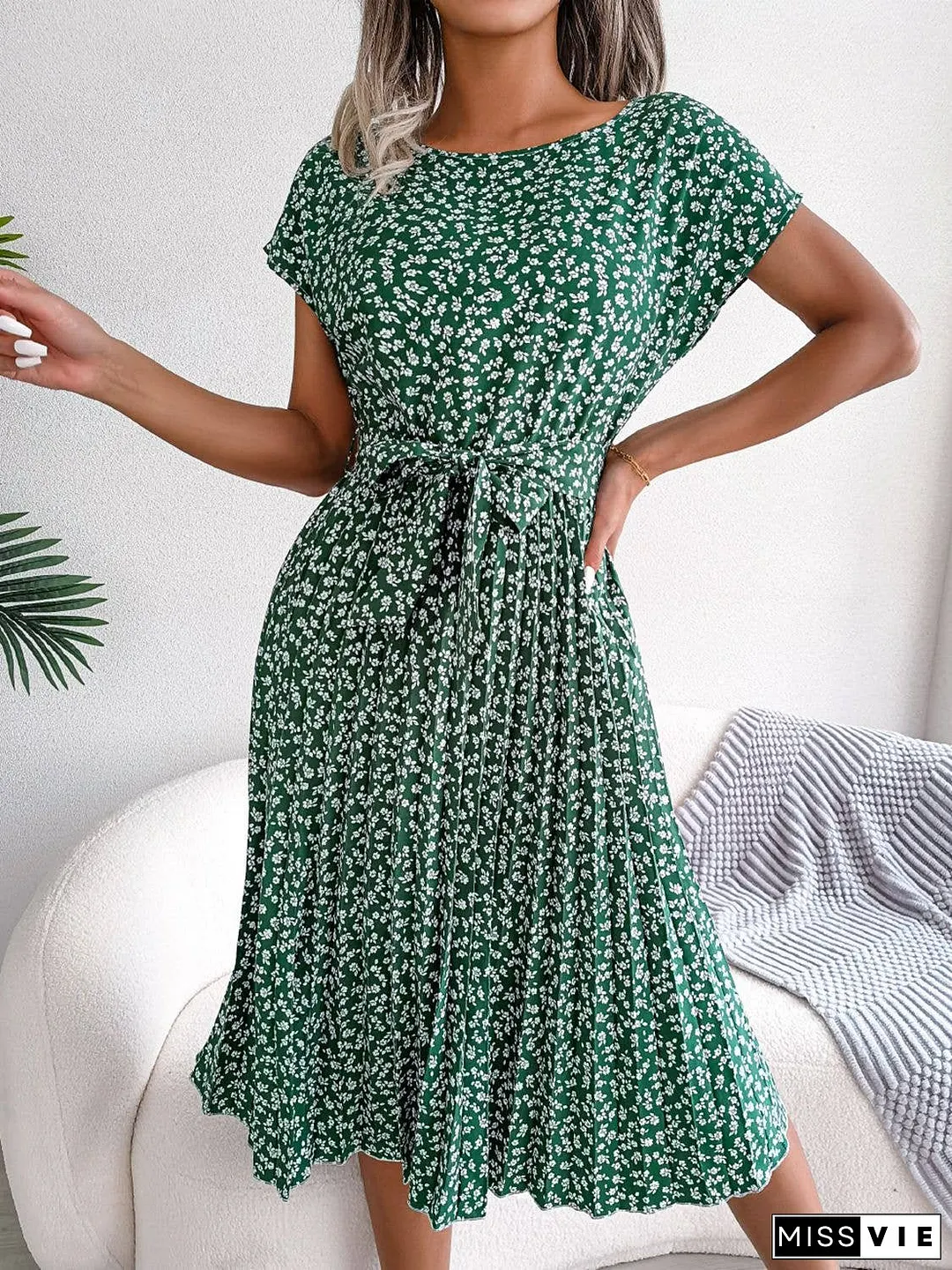 Ditsy Floral Pleated Belted Dress
