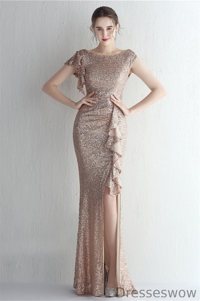 Dresseswow Cap Sleeveless Mermaid Sequins Evening Gown Long With Split Ruffles YE0073