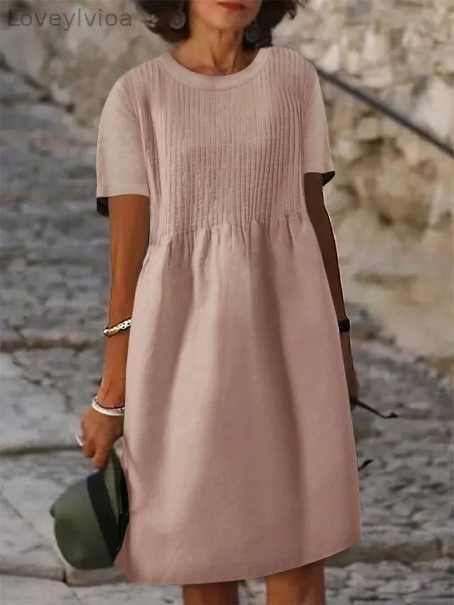 Accordion Pleats Cover The Flesh And Look Thin Mid-Length Pocket Linen Dress
