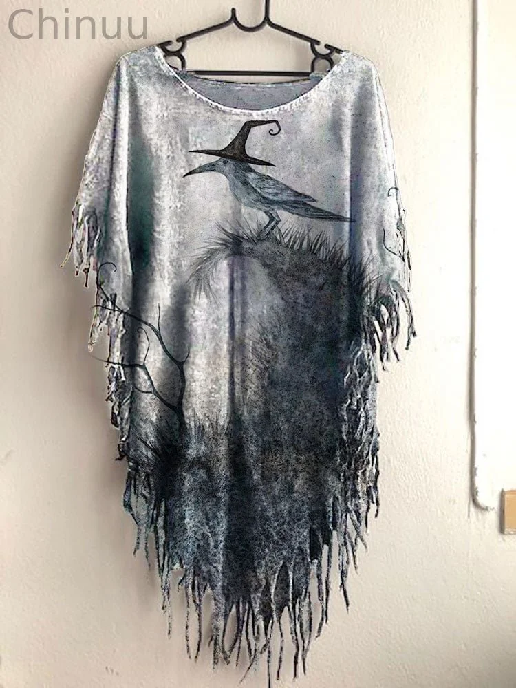 Women's Halloween Bird Print Top with Witch Hat