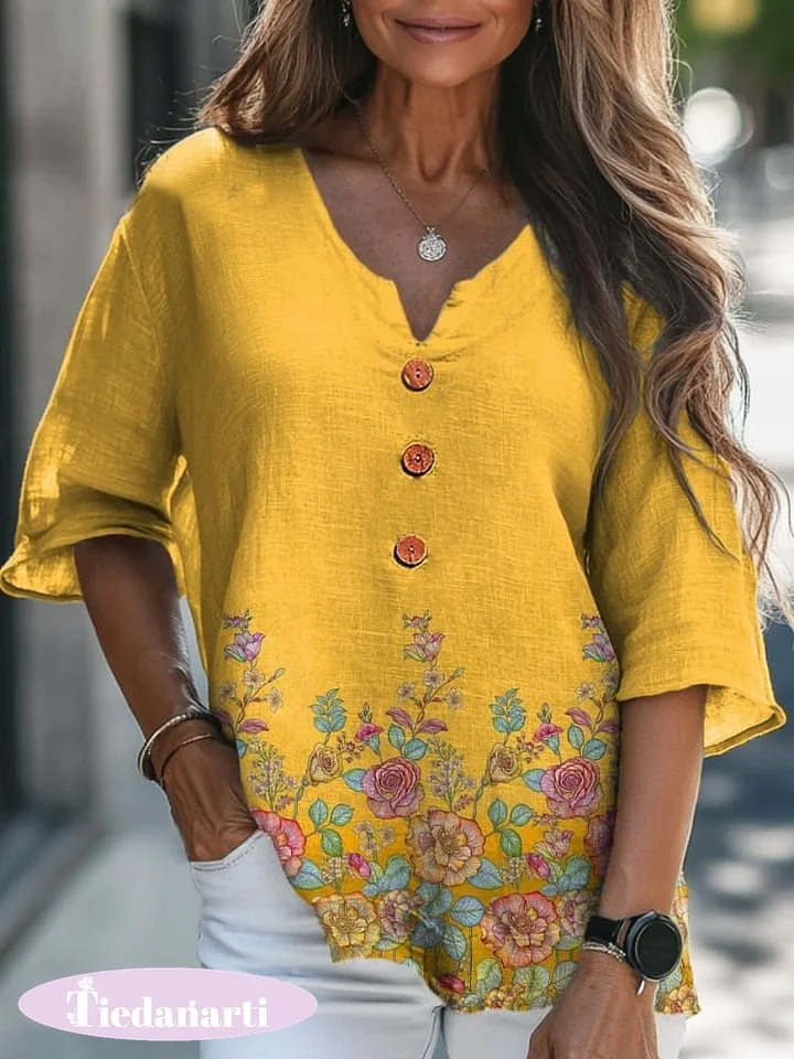 Lovely French Rose Pattern Printed Women's Casual Linen V-Neck Shirt