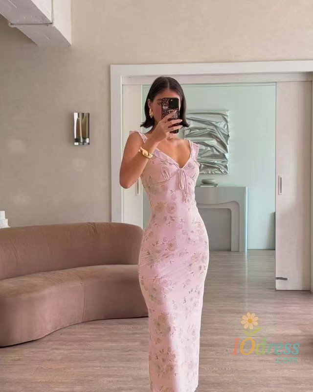 IO Dress Sexy Elegant Flower Print Slim Long Dresses Women V-neck Low Cut Leace-up Backless Package Hip Bodycon Sleeveless Dress Female