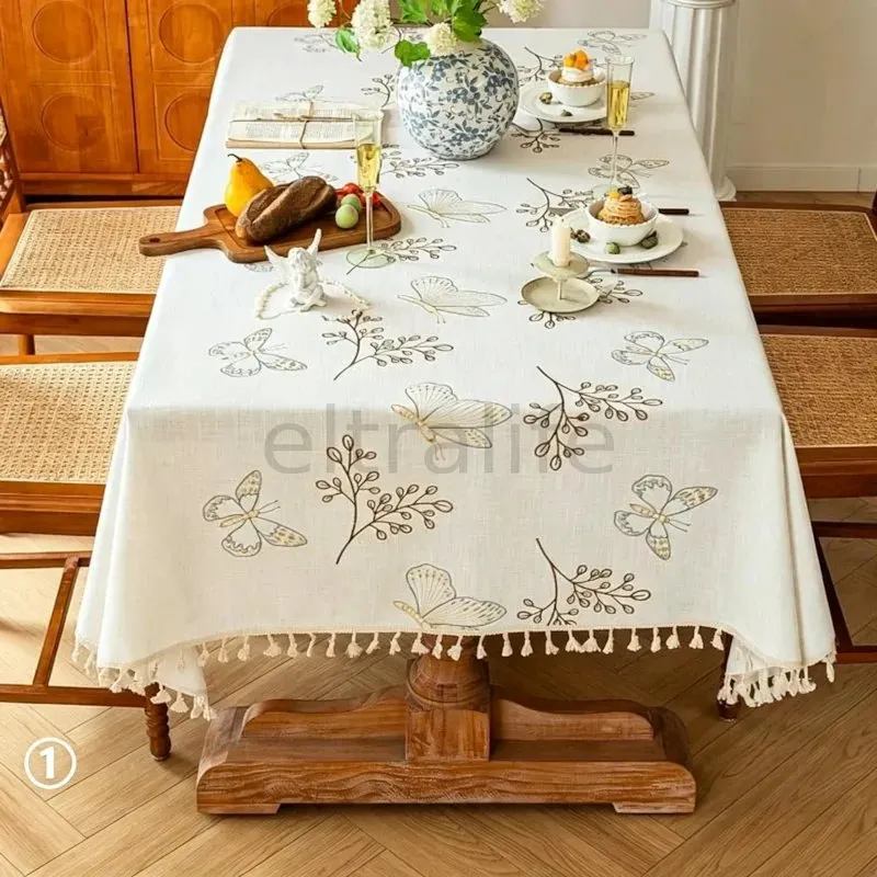 Versatile home decor with an artistic atmosphere, embroidered tablecloth, simple modern aesthetic rectangular tablecloth for dining tables and coffee tables, heat-resistant and easy to clean, embroidered pastoral style tablecloth eltralife