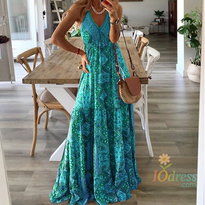 IO Dress Summer Women's Long Skirt V-neck High Waist Boho Floral Print Fashion Idyllic Holiday Party Beach Suspender Dress