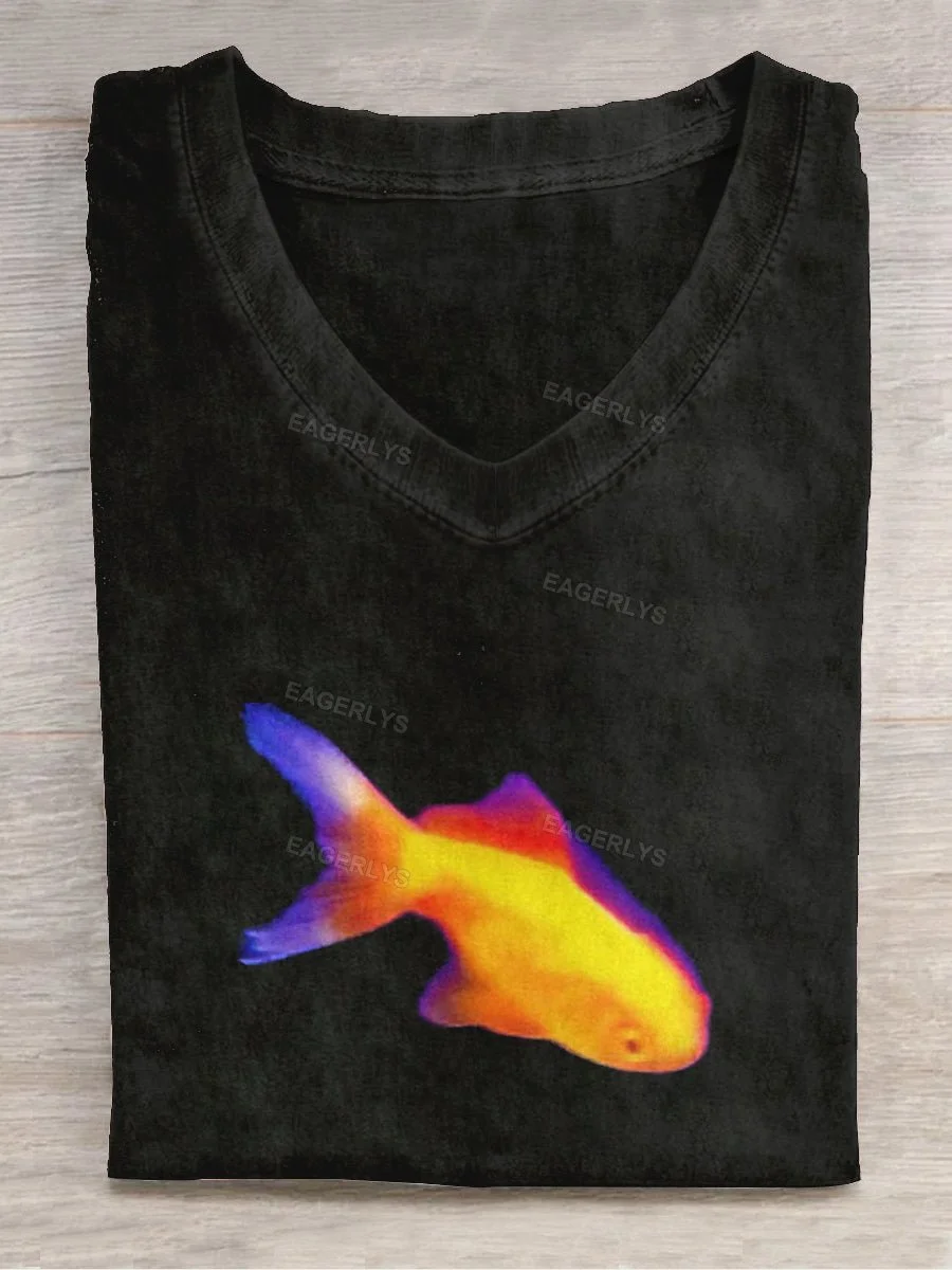 Eagerlys Unisex Fish Art Print V-Neck Short Sleeve T-Shirt Eagerlys