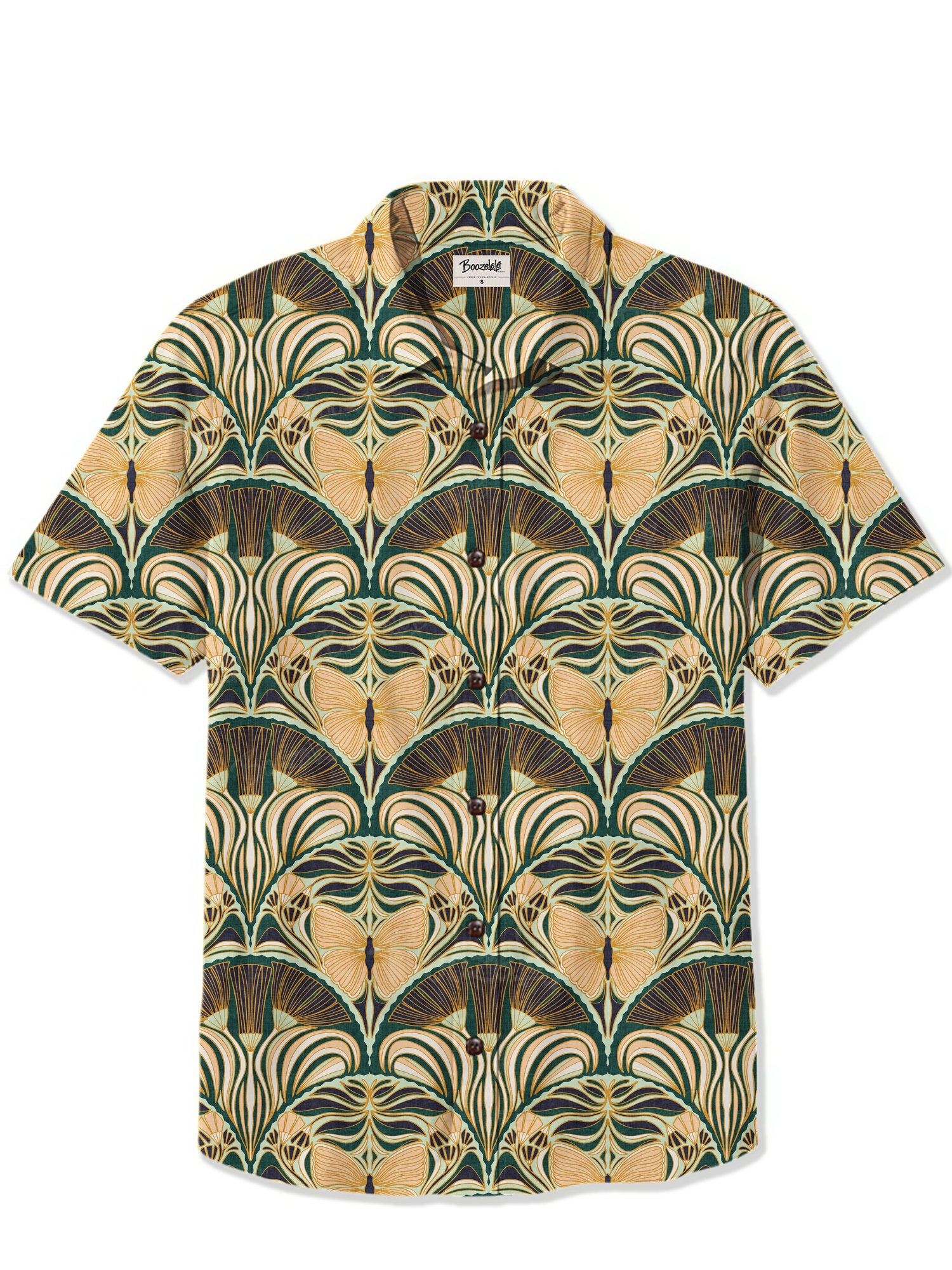 【Claudia S. Design X Boozelele】Gatsby Fan Glamour Symmetrical Deco with Ornate Butterfly Dark Green Large  - 100% Cotton Shirt