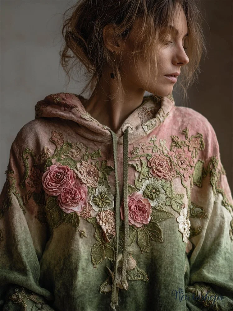 Vintage Purple Roses Fiber Art Lace Patchwork Hoodie