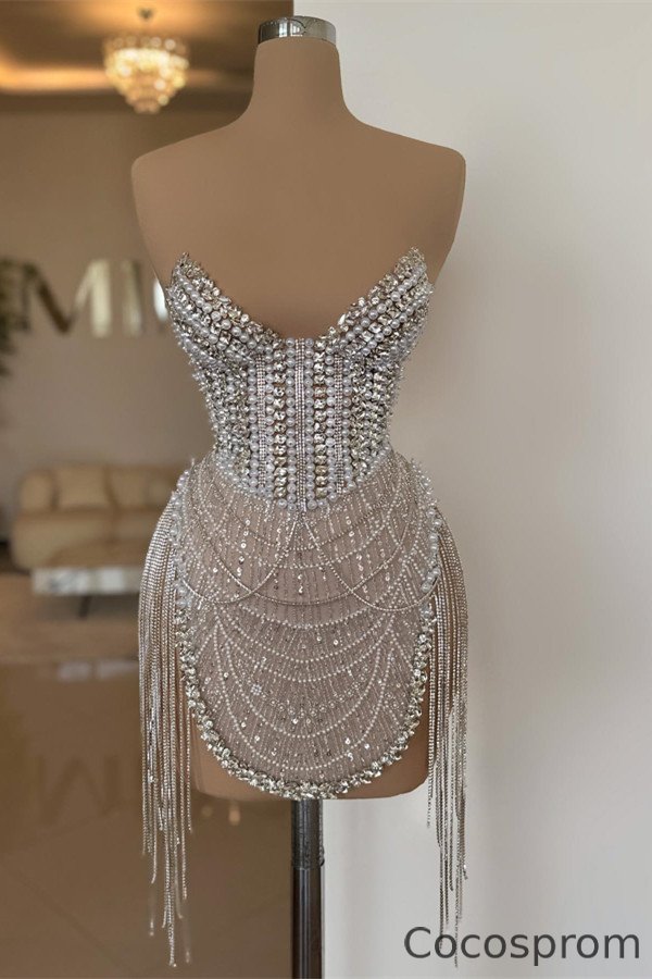 Cocosprom Luxury Short Formal Dresses Sweetheart Beadings Tassels With Pearls cocosprom