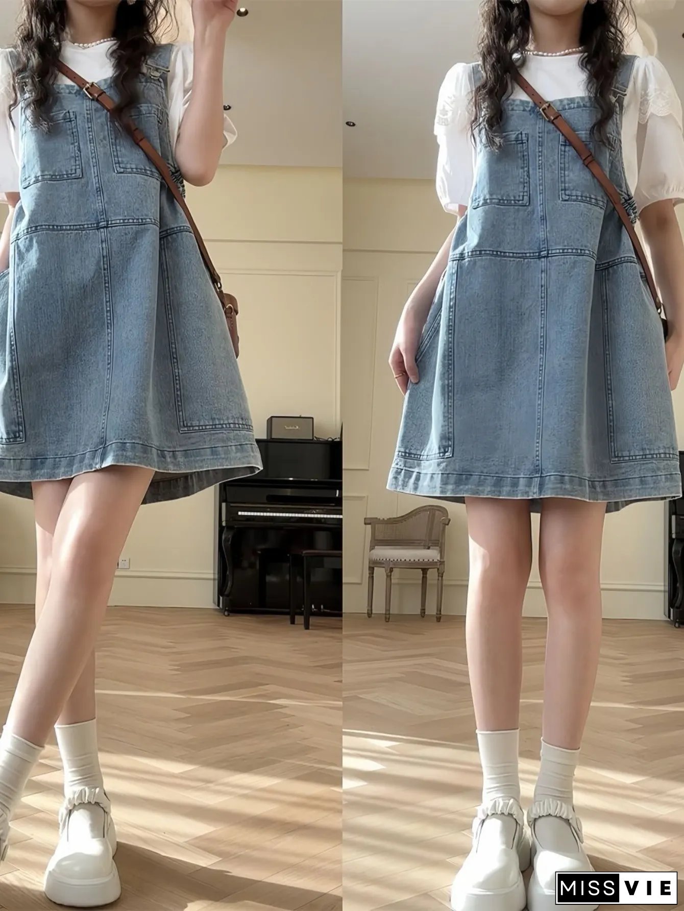 Womens Jeans-like skirt Adjustable waist with Elastic Side Pockets Loose Fit Denim-like